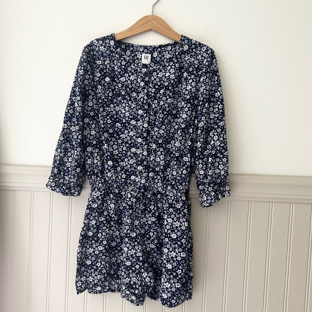 GAP Girls Medium Navy Blue White Floral Button Up Rayon Romper